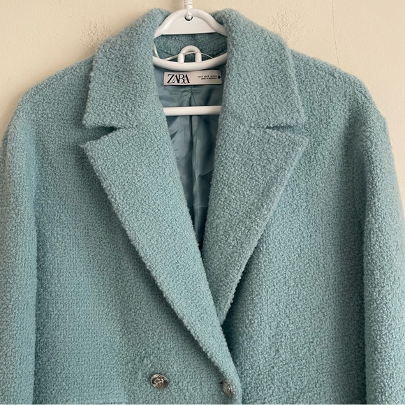 Zara Blue Textured Double Breasted Wool Blend Coat Blogger Favorite Size S - Picture 3 of 9